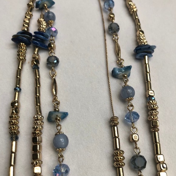 Very Long Triple Strand Goldtone & Blue Painted Shells Necklace 36” - Picture 12 of 12